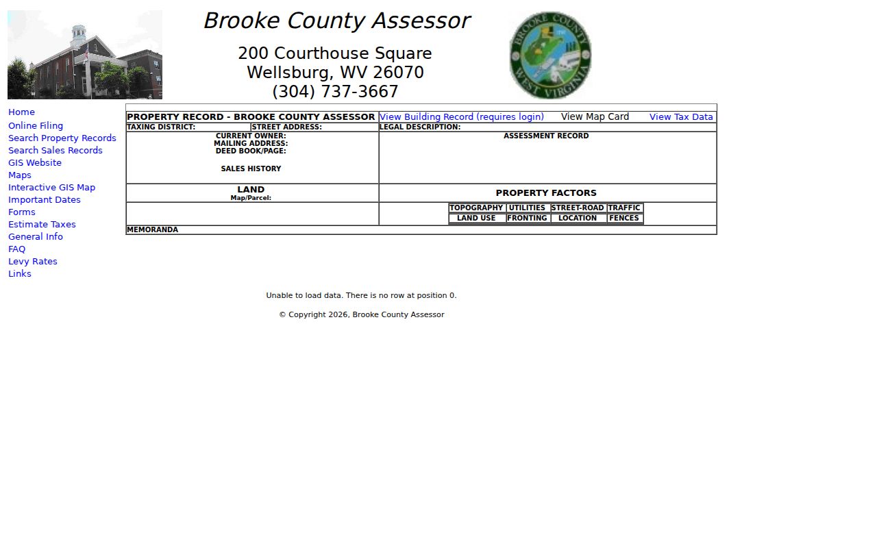Brooke County property owner record fields for Current Owner, mailing address, deed book and assessment
