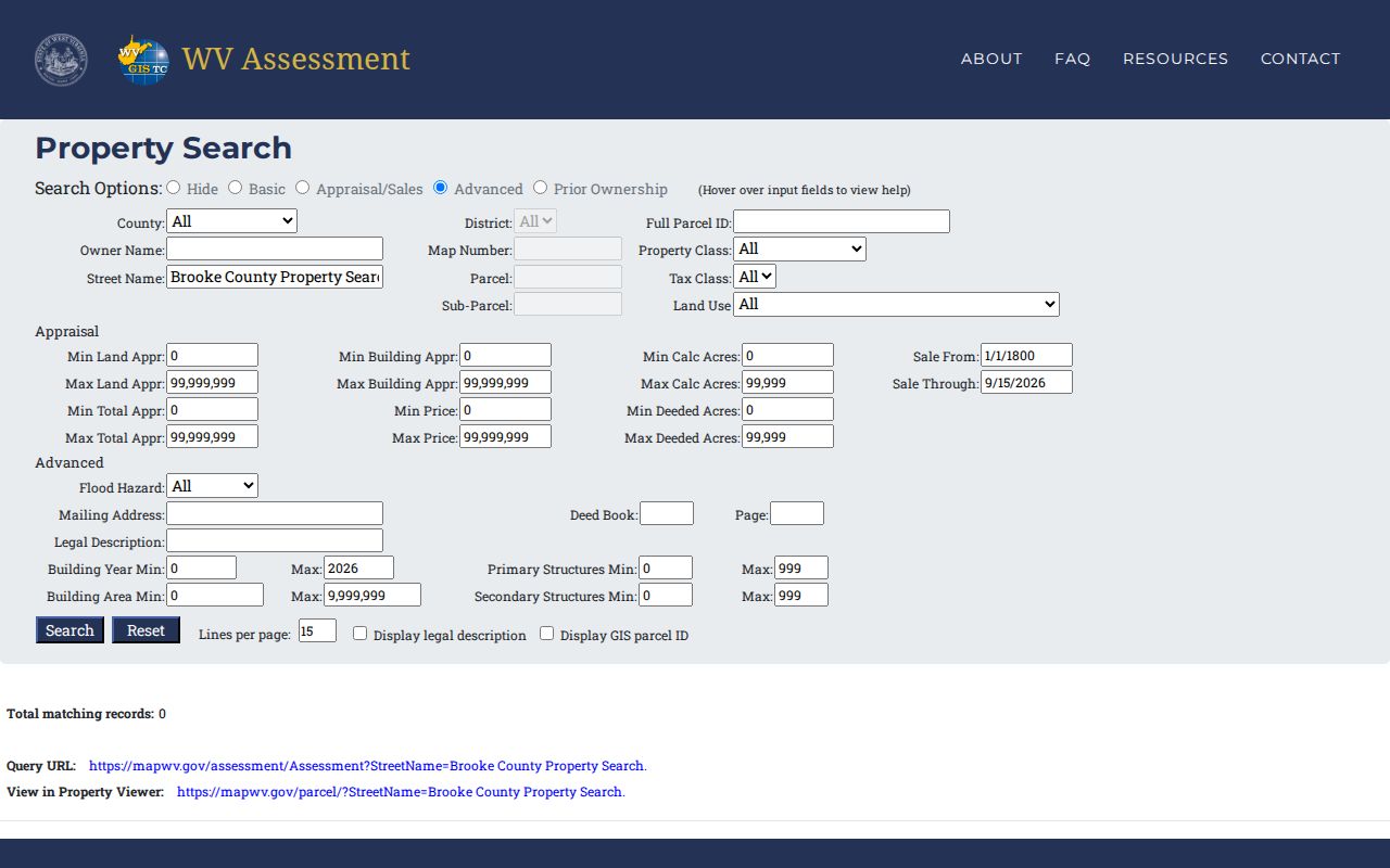 West Virginia Assessment property search form with county, parcel, tax class and advanced deed fields