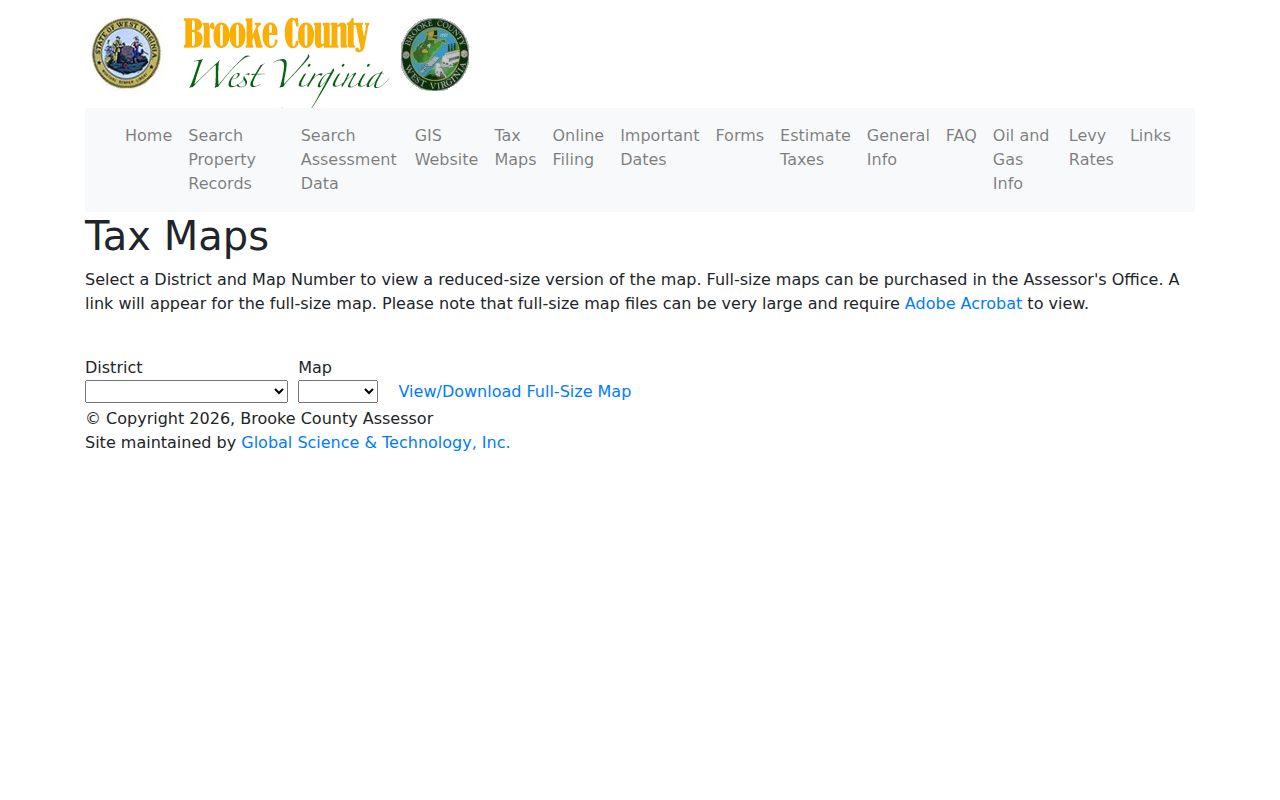 Brooke County parcel map selectors for tax district and map number