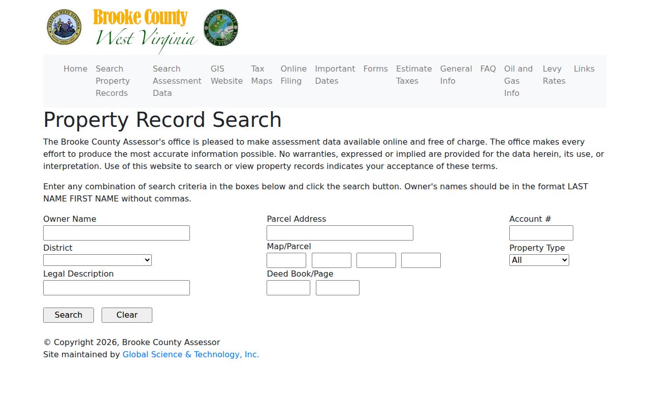 Brooke County property records search fields for owner, address, account, district, map and parcel